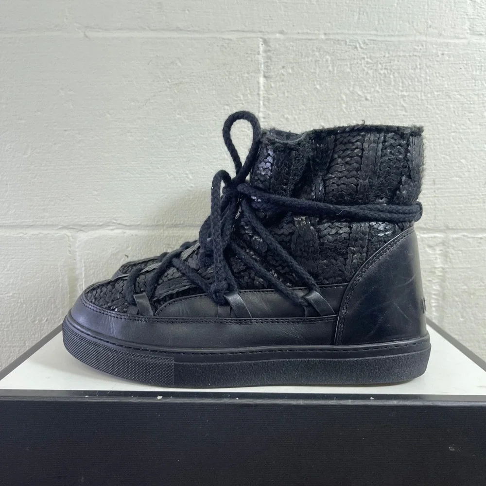 INUIKII Black Leather Ankle Patchwork Boots Lace up Women's Size‎ 9.5 US/40 EU